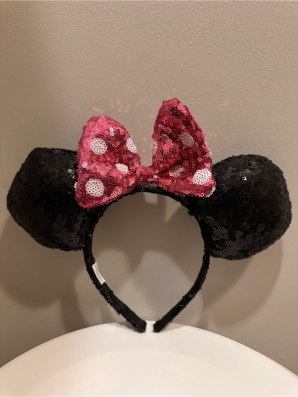 Black Sequin Mickey Ears with Pink Polka Dot Bow